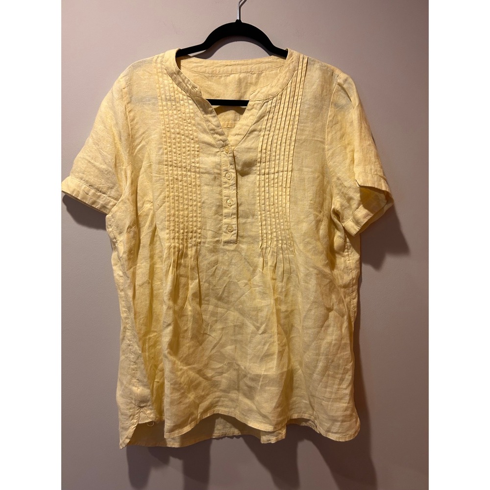Womens Large 100% Linen Yellow Short Sleeve Top Natural V-Neck Coldwater‎ Creek